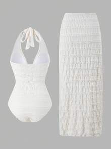 Swim Oasis Conjunto de biquíni feminino plus size de alta qualidade, com alças halter e cintura marcada, em tecido jacquard tricotado, modelo casual para o dia a dia e perfeito para praia e férias. Coleção 2026. - Branco - Ver 2