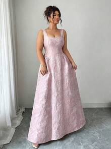 Elenzga 大码女士优雅性感露背连衣裙，粉色纹理面料，方领，收腰设计，后背蝴蝶结系带，A字型长裙，夏季 - 粉色 - 查看 6