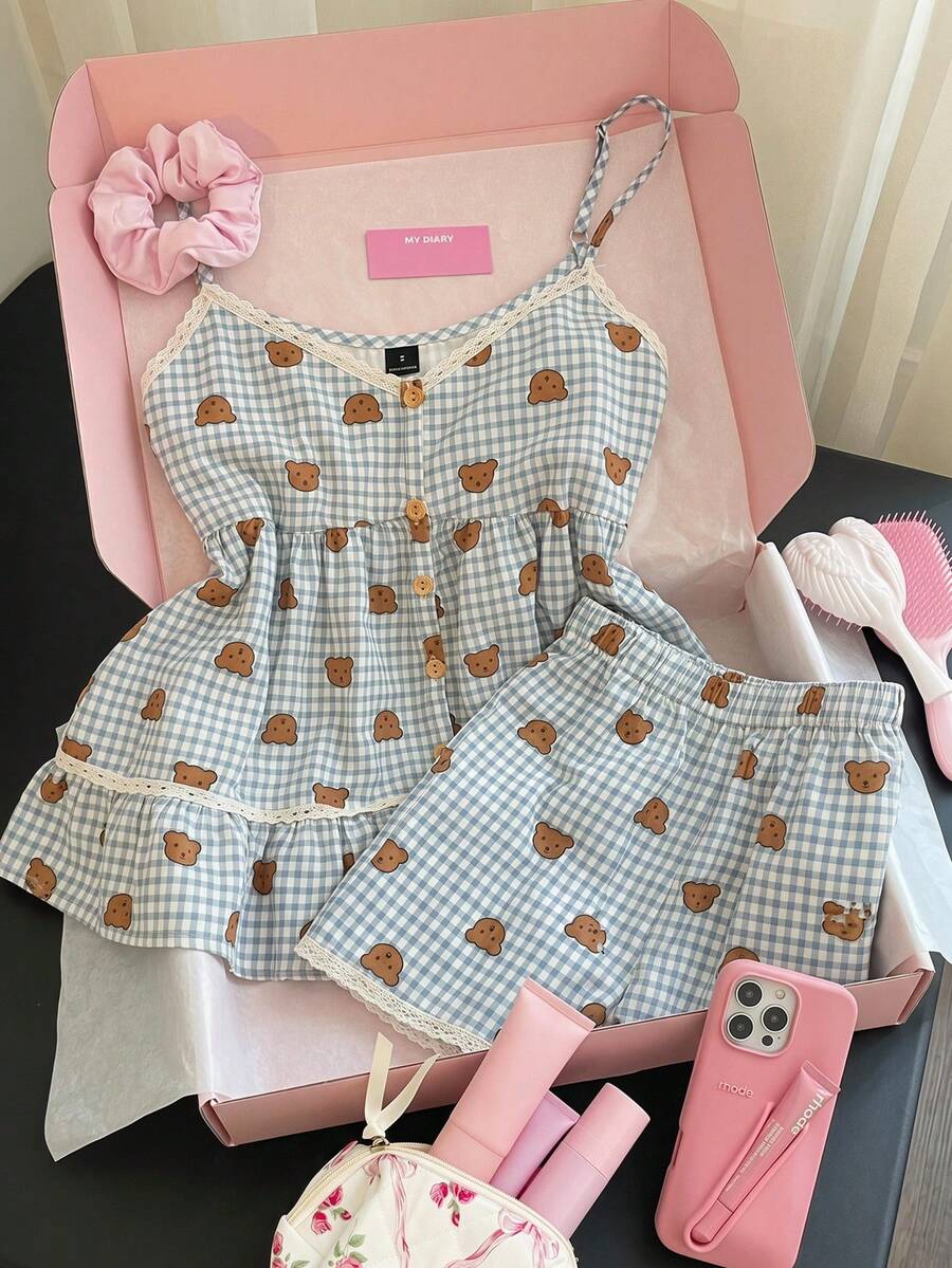 CovetEZ Bộ đồ ngủ hai mảnh hình gấu bông màu xanh dương dành cho nữ, áo hai dây viền ren, bộ đồ ngủ hình gấu bông kẻ caro dễ thương, bộ đồ mặc nhà thanh lịch gồm 2 mảnh. - Xanh và trắng - Xem 1