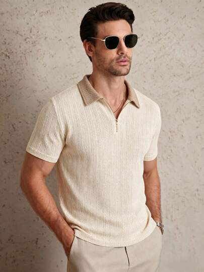 Core Aspect Men's Textured Polo Shirt, Contrast Color Collar Half Zip Polo Shirt, Textured Knit Polo Shirt For Men With Zippered Collar And Short Sleeves Comfortable And Fashionable Everyday Wear/Knitted Polo Shirt/Zipper Polo Shirt/Men's Retro Shirt