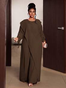 Maweii Plus Size Women's Casual Everyday Commute Solid Color Wrap Top And Wide Leg Pleated Pants Set, Spring/Autumn Fall - Coffee Brown - View 3