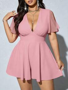 Viva Relle Plus Size Elegant Sexy Solid Color Deep V-Neck Romper For Summer - Pink - View 1
