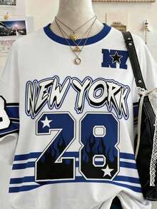 Lalippa New York Letter Graphic Print Oversized Loose Fit Mid-Length Round Neck Drop Shoulder Women T-Shirt, Gift For Friends - White - View 3