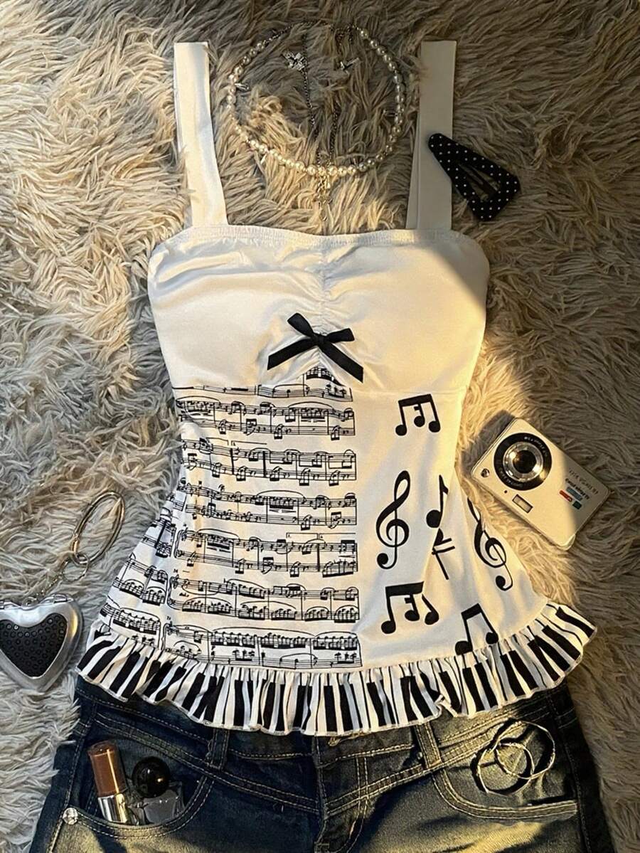 IslaSuriya Plus-Size Y2K Elegant 90s Style Fitted Crop Top, Musical Score And Note Prints With Bow, Black And White, Summer, Elegant, Concert Dates - Multicolor - View 1