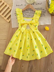 SHEIN LMoss Kids 小女孩黄色格子T恤，柠檬印花，度假风可爱连衣裙 - 黃色 - 查看 3