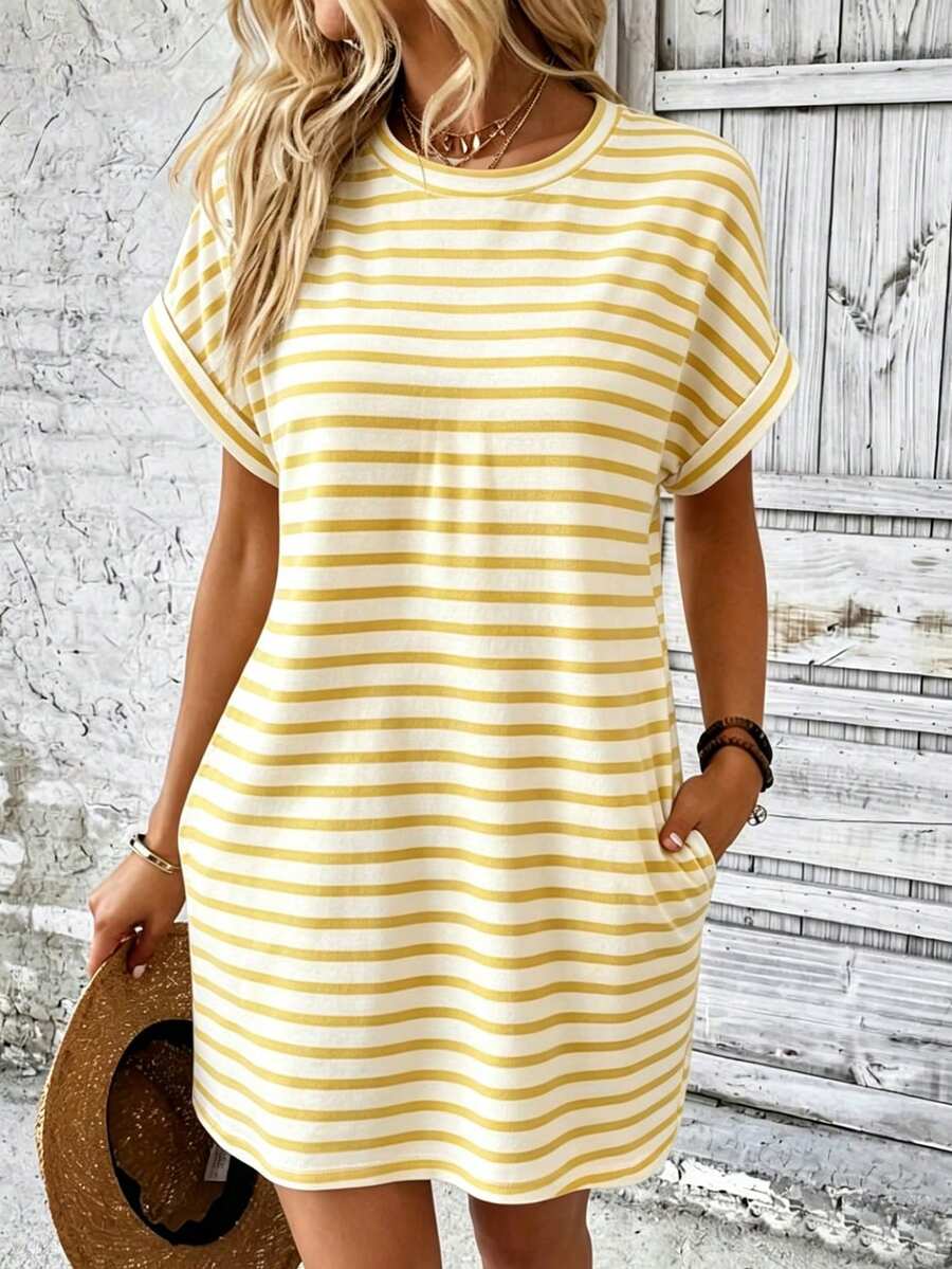 Trelyra Fashionable Colorblock Striped Print, Round Neck Fold-Over Short Sleeve Pocket Loose Dress, Suitable For Daily And Party Wear - Multicolor - View 1
