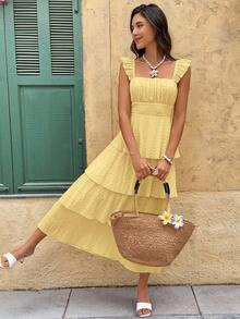 Serisse Women's Summer Beach Vacation Style Minimalist Solid Color Square Neck Ruffle Hem Dress,Dresses For Women Summer - Light Yellow - View 7