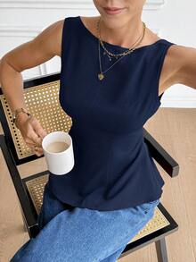 Serisse Women's Elegant Solid Color Tie-Back Sleeveless Blouse, Summer,Summer Top - Navy Blue - View 4
