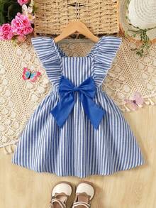 SHEIN Pink & White Striped Floral Print Bow Ruffle Trim Short Sleeve Casual Versatile Fashion Young Girl Dress, Spring/Summer Holiday - Blue - View 6