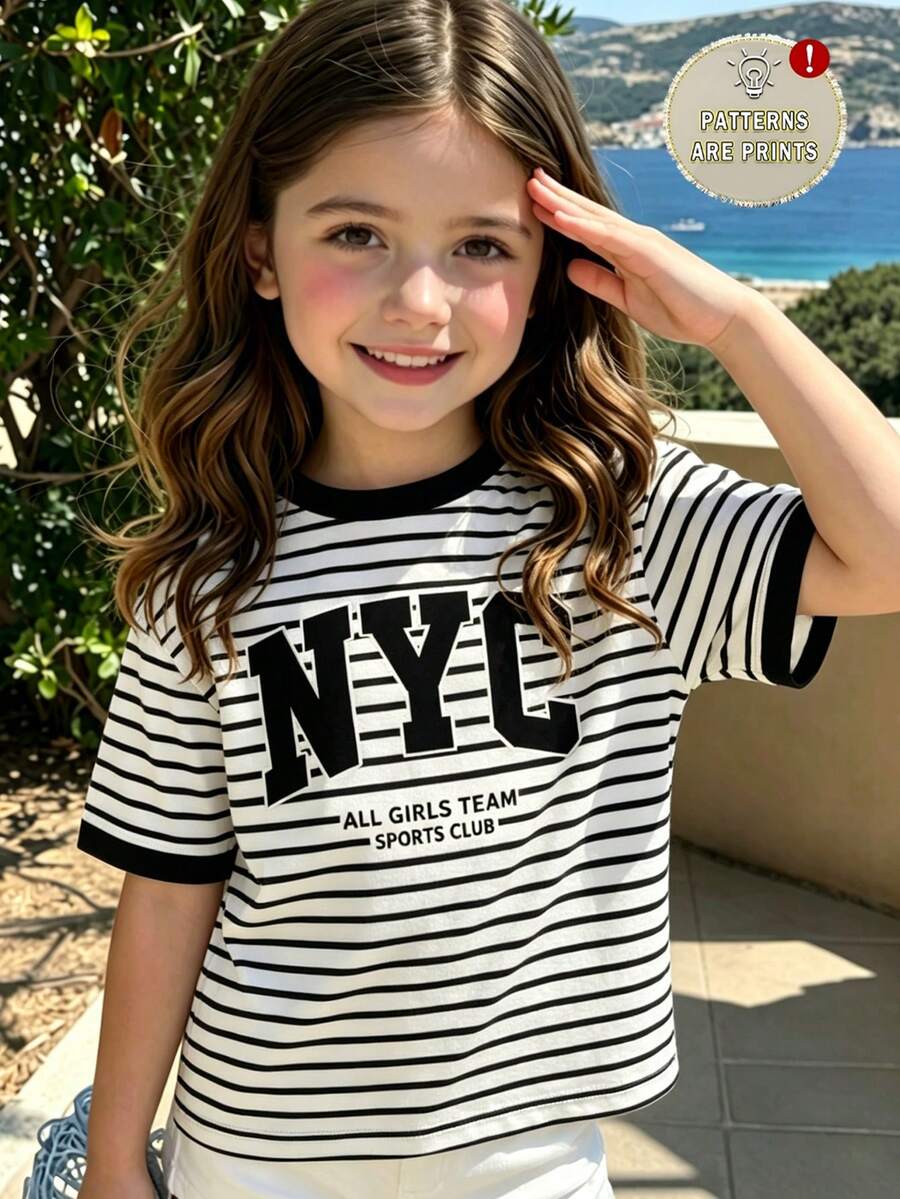 Elladie kids 年轻女孩时尚休闲纽约字母条纹印花短袖T恤，适合夏季户外穿着