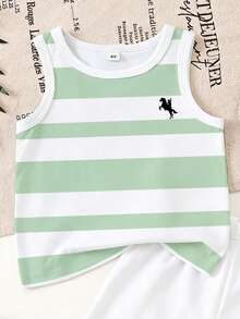 SHEIN Playful Pals 2pcs/Set Young Boy Casual Striped Logo Print Tank Top And Matching Logo Print Shorts, Suitable For Summer Outings - Multicolor - View 5