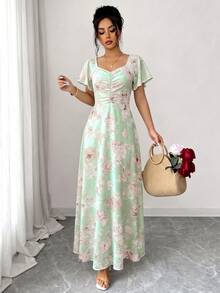 SHEIN Elenzya 女士玫瑰碎花褶皱前片荷叶袖腰部A字连衣裙，魅力优雅休闲度假通勤性感时尚约会法式街头复古百搭春夏红白多色新款短袖长裙 - 薄荷綠 - 查看 7