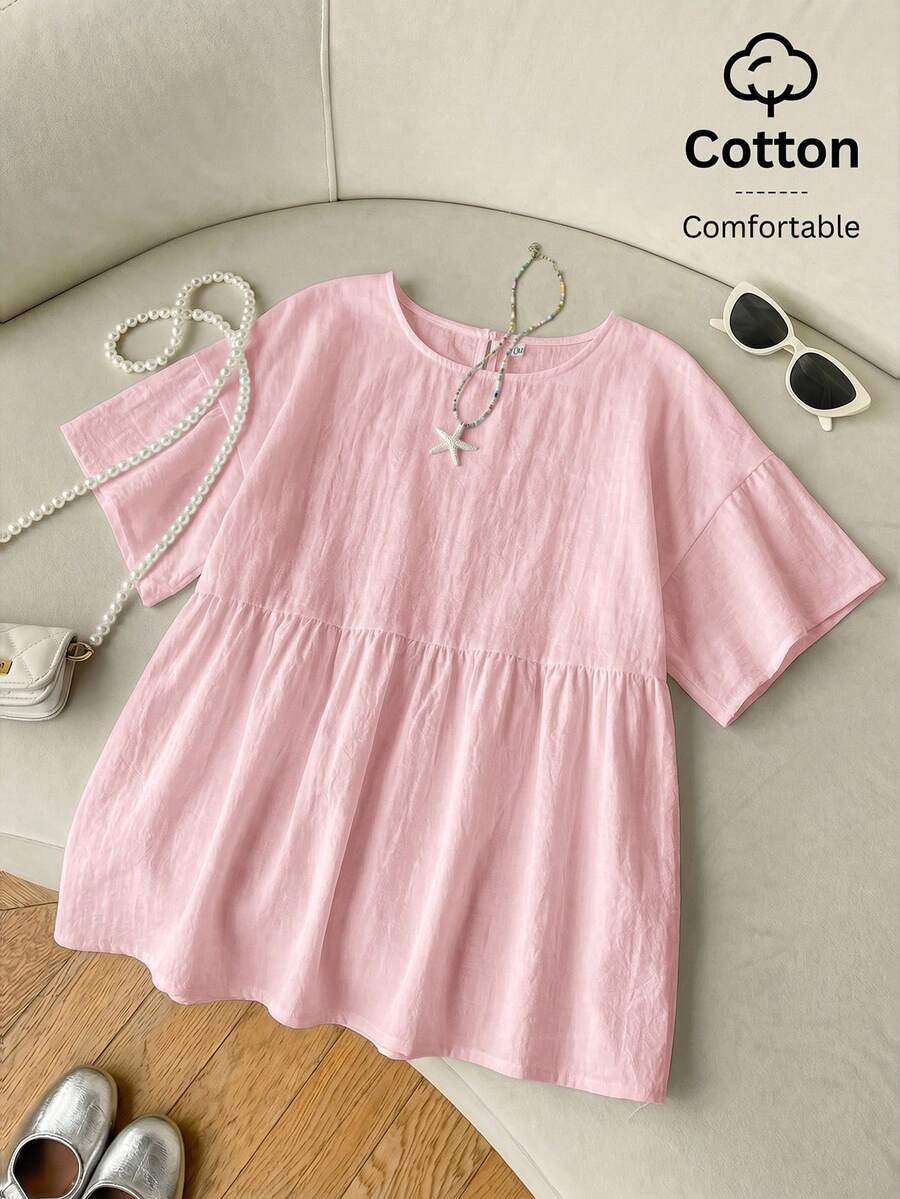 SHEIN EZwear 100%純粉色亞麻編織女款襯衫,夏季上衣,適合日常通勤、約會、派對、秋冬/夏季、聖誕節、新年、感恩節、派對、婚禮、海灘、畢業典禮、時尚、優雅、休閒、外出、約會、預約、通勤、亮麗、情人節、優雅、度假、休閒、Y2K、外出、畢業典禮及其他場合。 - 淺粉色 - 查看 1