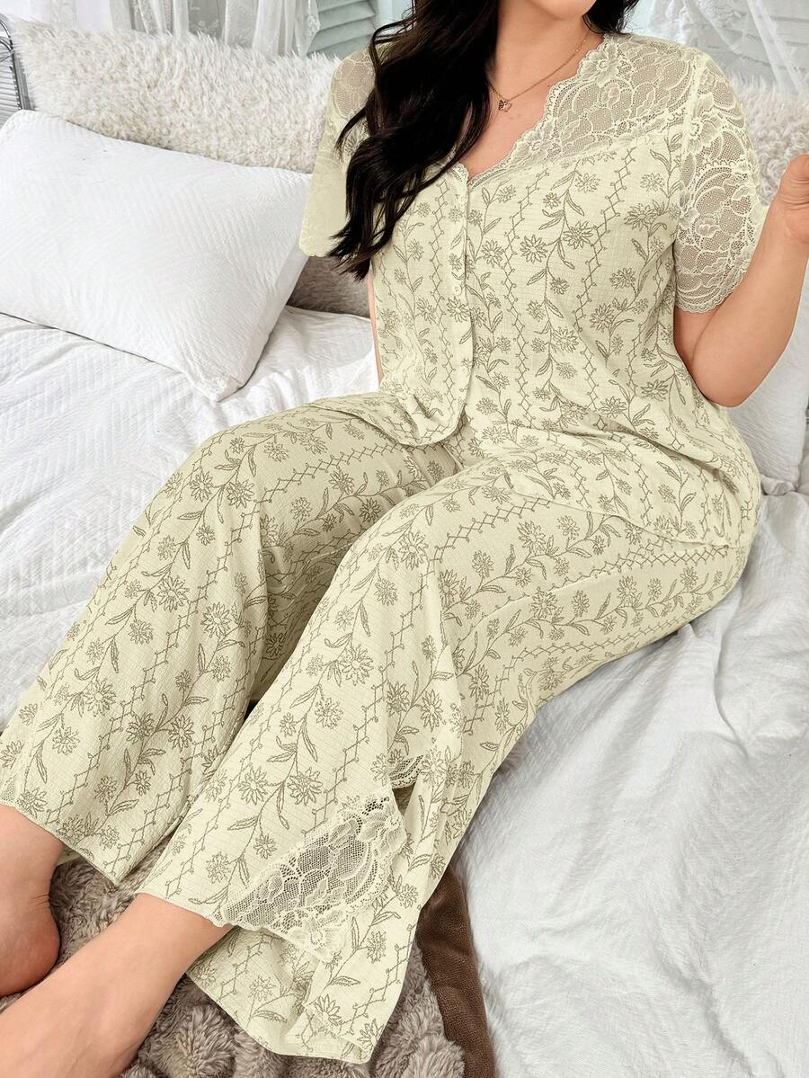 Serenescape Wisteria Floral Lace Patchwork Sheer Shoulder Pajama Set, Plus Size - Mint Green - View 1