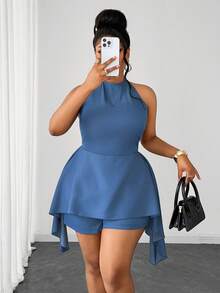 Maweii Vintage Fitted Halter Tie Waist Asymmetrical Plus Size Jumpsuit Gym Brown Summer - Blue - View 1