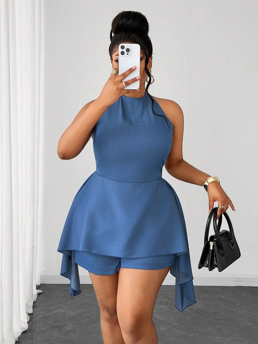 Maweii Vintage Fitted Halter Tie Waist Asymmetrical Plus Size Jumpsuit Gym Brown Summer - Blue - View 1