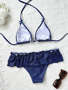 Swim Mod 2pcs Polka Dot Print Triangle Halter Bikini Set With Ruffle Hem Bottoms, Cute Girl Swimwear - Multicolor - View 2