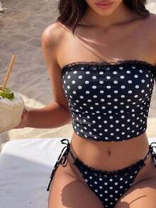 Swim Mod Bộ đồ bơi nữ mùa hè 2026 mới, kiểu dáng ren, không dây, hở lưng, gợi cảm, thanh lịch, in chấm bi đen trắng, bèo nhún, buộc dây bên hông, áo hai dây, bikini hai mảnh, đồ bơi chấm bi cho nữ, đồ bơi chấm bi, bộ bikini chấm bi, áo không dây bèo nhún in chấm bi và quần buộc dây bên hông, bộ đồ bơi tankini gợi cảm đi biển. - Đen và trắng - Xem 8