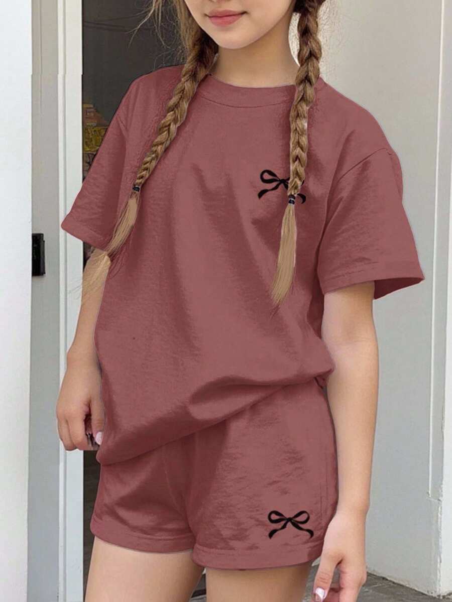 SHEIN Leap Crew 2 件套青少年女孩休闲简约蝴蝶结装饰圆领短袖 T 恤和短裤套装，适合春夏季 - 彩色 - 查看 1