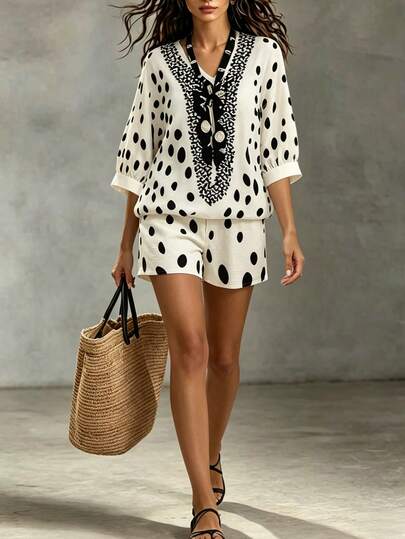 SHEIN Holidaya 夏季百搭V领宽松A字印花短裤两件套，适合海滩、休闲度假、旅行、户外活动、通勤，简约风格
