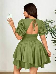 Vionelle Plus Size Deep V-Neck Puff Sleeve Fitted Party Mini Dress - Mint Green - View 5