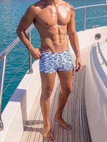 Manfinity Swimmode 男士鱼纹抽绳腰带休闲泳裤 - 藍色 - 查看 5