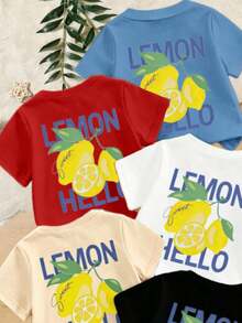 5pcs Randomly Shipped 3pcs, Casual Versatile Cute Lemon Pattern Vacation Style Short Sleeve Soft Top 3-Piece Set, Black/Blue/Apricot/Red/White Short Sleeve Summer Comfortable Casual Clothing, Summer Outing Photography Indoor Holiday Gift Fruit Print T-Shirt - Multicolor - View 3