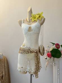 INAWLY Women's Solid Color Hollow Knit Beach Vacation Dress - White - View 5