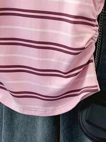 SHEIN Teen Girls Pink Striped Print Ruched Waist Short Sleeve T-Shirt,Casual,Elegant,Streetwear,Back-To-School,Graduation,Personalized Tee For Summer,Spring - Multicolor - View 3