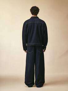Sonviro Bộ đồ denim nam màu xanh đậm 2 món, áo khoác thường ngày và quần ống rộng, bộ đồ denim nam mùa xuân/thu, quần jeans rộng thùng thình. - Rửa tối - Xem 2