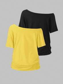 Flirla 2pcs/Set Oblique Shoulder Loose T-Shirt,Asymmetric Shoulder Off-Shoulder T-Shirt, Plus Size Women's Top - Multicolor - View 2