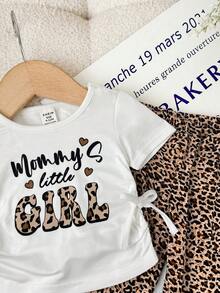 SHEIN Bộ 2 món cho bé gái: Áo thun cổ tròn xếp ly và quần ống loe họa tiết da báo. - Nhiều màu - Xem 3