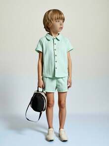 SHEIN Casuvi Kids Set Anak Laki-Laki Muda Tombol Depan Plain Casual - Mint Green - View 6