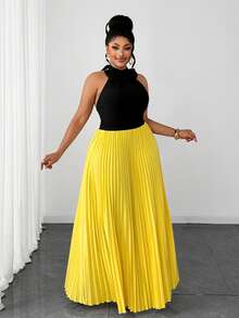 Maweii Plus Size Women's Bowknot Cold Shoulder Backless Pleated Halter Dress - Yellow - View 3