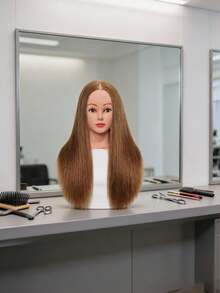 SHEIN 26 Inch Long Fiber Hair Mannequin Head, Hair Styling Training Practice Head With Free Desktop Bracket, Professional Hairdresser Practice Tool - Brown - View 2