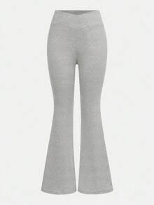 Girlism 2pcs Teen Girls' Grey Solid Knit Flare Leggings,Winter Waist Criss-Cross Design Skinny Casual Flare Pants Set,Versatile Everyday & - Grey - View 3