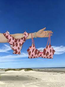 Swim Mod Plaid Fabric Spaghetti Strap Floral Bow Decor Tankini Swimwear Set Pool Party Beach Pink Summer Cute - Multicolor - View 6