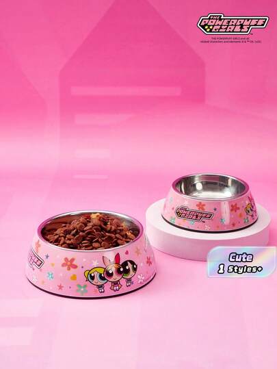 THE POWERPUFF GIRLS X PETSIN Modern Style Dual-Layer Pet Food Dish, Combines Stainless Steel And Sleek Melamine, Non-Skid Easy Clean Design
