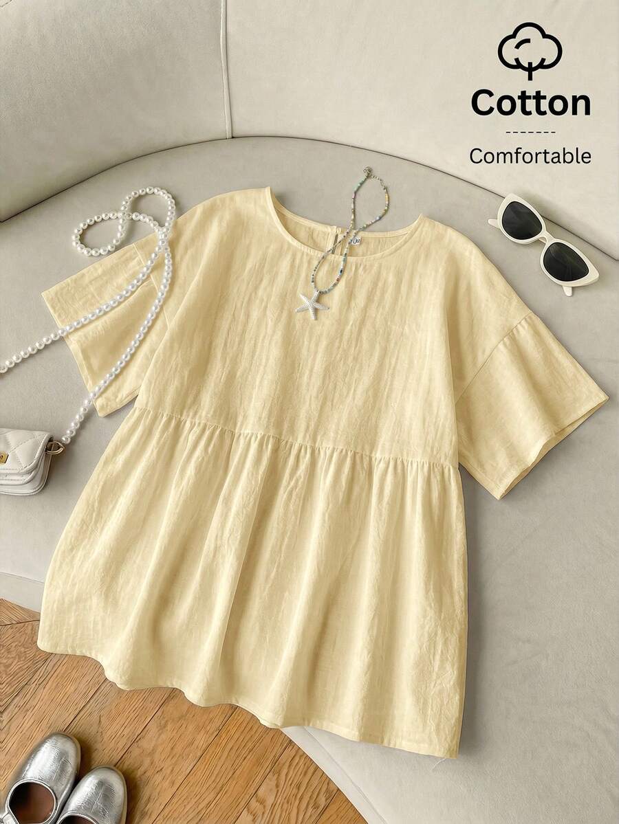 SHEIN EZwear 100%純棉奶油黃編織女款襯衫，夏季上衣，適合日常通勤、約會、聚會、秋冬/夏季、聖誕節、新年、感恩節、派對、婚禮、海灘、畢業典禮、時尚、優雅、休閒、外出、約會、預約、通勤、亮面、情人節、優雅、度假、假期 - 淡黃色 - 查看 1