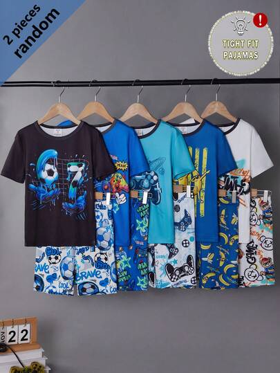 5 bộ ngẫu nhiên từ 1 bộ đồ ngủ, 2 món quần short tay ngắn co giãn dành cho bé trai, họa tiết in đẹp, mềm mại và thoải mái, món quà tuyệt vời nhất cho các bé trai tuổi teen.