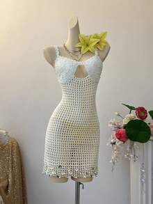 INAWLY Women's Solid Color Hollow Knit Beach Vacation Dress - White - View 3
