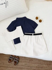 SHEIN 3件套男婴幼儿休闲校服短袖衬衫、Polo衫、短裤套装，含围巾和腰带，男婴套装，适合优雅场合、婚礼宾客、花童、戒指童、婚礼、生日、洗礼和婴儿派对等。 - 彩色 - 查看 2