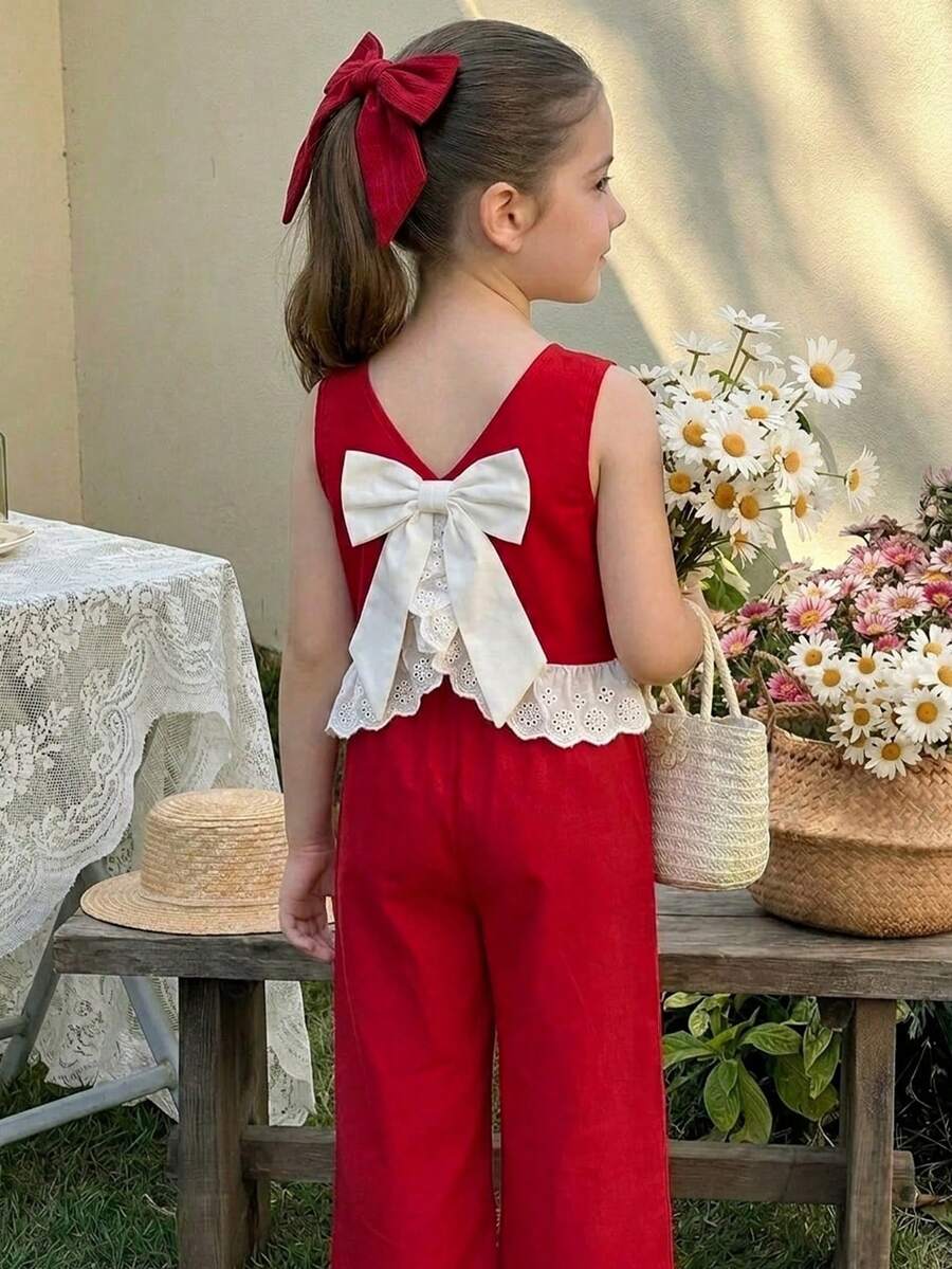SHEIN LMoss Kids 少女夏季度假雪纺红色蝴蝶结装饰圆领休闲吊带背心和长裤两件套 - 彩色 - 查看 1