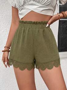 SHEIN Holidaya 女士夏季100%纯棉军绿色荷叶边弹力腰带口袋短裤，适合日常通勤、度假等多种场合。 - 軍綠色 - 查看 5