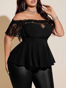 SHEIN CURVE+ 大尺碼性感蕾絲拼接露肩黑色修身女上衣 - 黑色 - 查看 4
