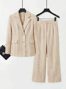 Aveloria Modichic Conjunto de chaqueta blazer con diseño de flecos de rayas verticales de borde crudo texturizado y pantalones de pierna ancha - Albaricoque - Ver 6
