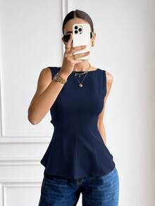 Serisse Women's Elegant Solid Color Tie-Back Sleeveless Blouse, Summer,Summer Top - Navy Blue - View 6