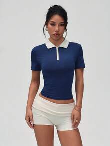 Easithlete Easithlete Women's Contrast Color Short Sleeve Cropped Sports Polo Shirt - Navy Blue - View 6
