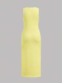 SHEIN Đầm đi nghỉ mát màu vàng, chất liệu vải có họa tiết, dáng ôm vừa vặn, thích hợp cho bé gái tuổi teen. - Màu vàng - Xem 2