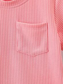 SHEIN Young Boy Summer Solid Color Round Neck Short Sleeve Pocket T-Shirt And Shorts Casual 2-Piece Outfit - Pink - View 7